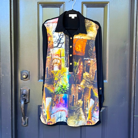 Shirtwaist half button-down solid black  Knit back fall print-front Tunic/Dress - Picture 1 of 6